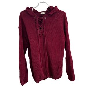 Entro burgundy 1/4 lace up hooded sweater M casual knit tie school